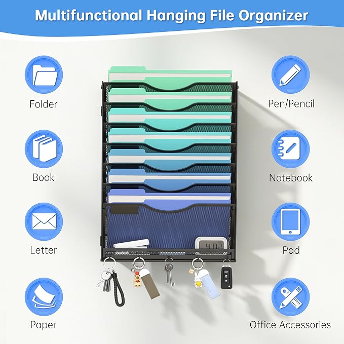 Gawerk Hanging Wall File Organizer with 5 Hooks - Wall Mounted Mail Paper Document Folder Holder, Sturdy Mesh Magazine Rack for Office Home (7+1 Tier)