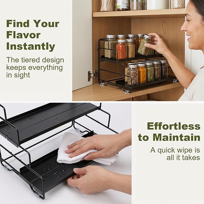 4 Tier Adjustable Spice Rack Organizer for Cabinet & Countertop | Adjustable-Depth Shelves, Tiered Visible Display, Raised Edge Guard, Vertical Space Saver, Metal Construction, Black
