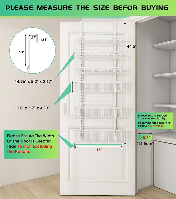 Mefirt Over The Door Pantry Organizer, 6-Tier Deep Baskets, White | Pantry Hanging Organizers and Storage, Adjustable Heavy-Duty Metal for Home & Kitchen, Back of Door Seasoning Rack