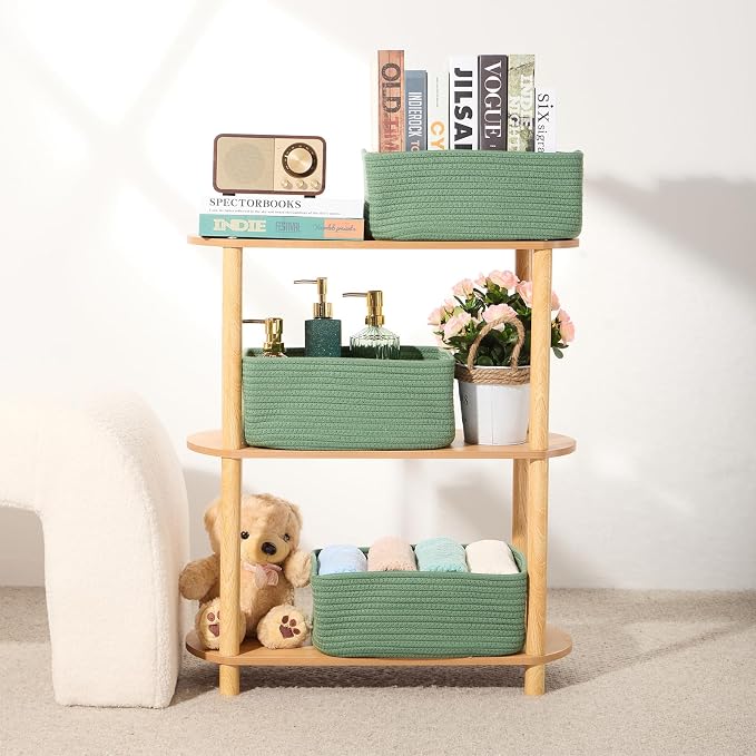 MiniArk Small Storage Baskets for Organizing | Closet Organizer Bins | Shelf Toy Basket | Woven Rope Baskets | Cube Decorative Box | Shallow Basket | 13x8.5x5.1” | 4 Packs Green