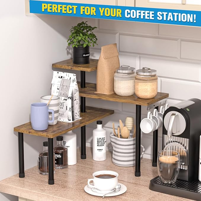 JayRex Kitchen Countertop Organizer 3-Tier Corner Shelf, Rustic Brown | Space-saving corner design organizes spices, skincare and toiletries on kitchen and bathroom counters.
