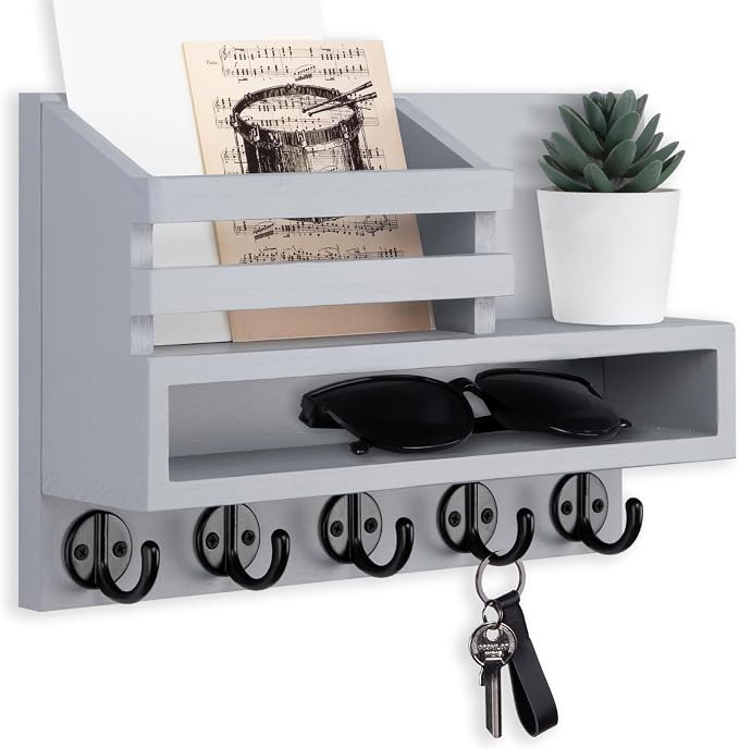 Key and Mail Holder Wall Mount, Key Hanger with Long Storage Box and Key Hooks for Coat, Dog Leash, Home Decor Rack, House Accessories, Entry Way Organizer