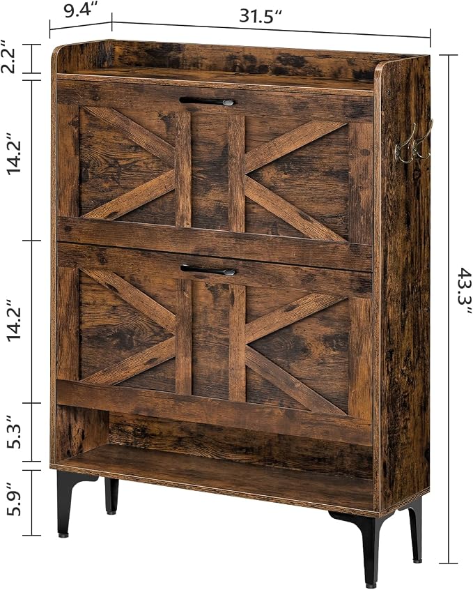 MAHANCRIS Shoe Storage Cabinet, Shoe Organizer with 2 Flip Drawers, Hidden Shoe Storage for Entryway, Freestanding Organizer with Open Storages, Rustic Brown SHHR9401N1