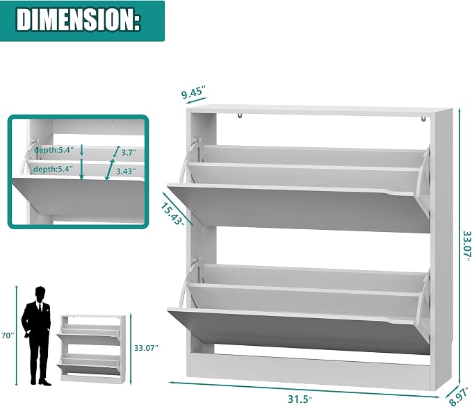 Xixini Shoe Storage Cabinet for Entryway with 2 Flip Drawers, Wood Freestanding Hidden Shoe Storage, Narrow Slim Sturdy Shoe Organizer for Front Door Entrance, Living Room, Hallway, Bedroom, White