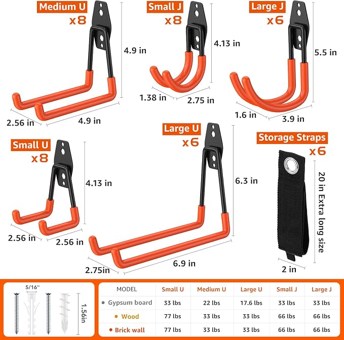 42-Pack Heavy Duty Wall Mount Garage Hooks | Hanging Storage For Ladders, Hoses, Bikes, Garden Tools, Ropes; For Yard, Warehouse, Workshop, Shed, Shop