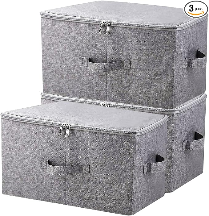 iwill CREATE PRO Pack of 3, 17.7 * 13.8 * 9.8" Stackable Folding Storage Baskets with Lid & Carry Handles & Memo Pocket, Good Wardrobe Separator Bins, Dark Gray
