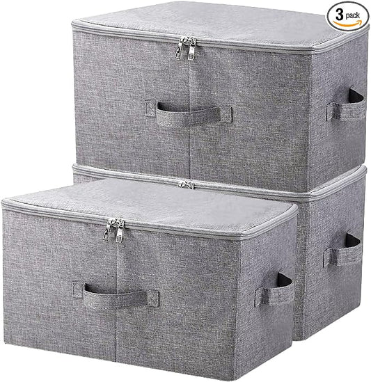iwill CREATE PRO Pack of 3, 17.7 * 13.8 * 9.8" Stackable Folding Storage Baskets with Lid & Carry Handles & Memo Pocket, Good Wardrobe Separator Bins, Dark Gray