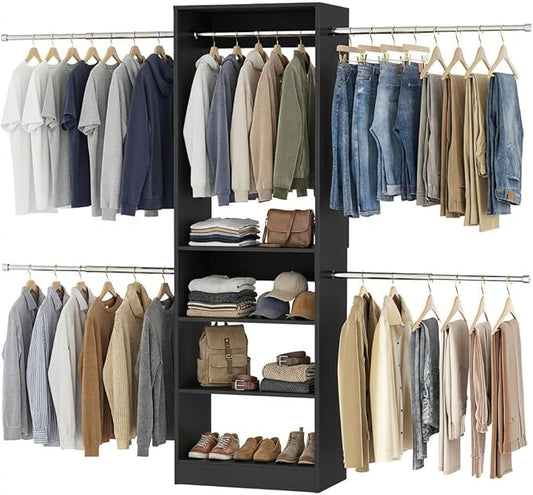 Closet System, 4.5-11.5 Ft Expandable Closet Organizer, Black | 5 Hanging Rods, Walk-in Wood Closet Organizer System with Storage Tower, Heavy Duty Garment Rack Wardrobe for Bedroom
