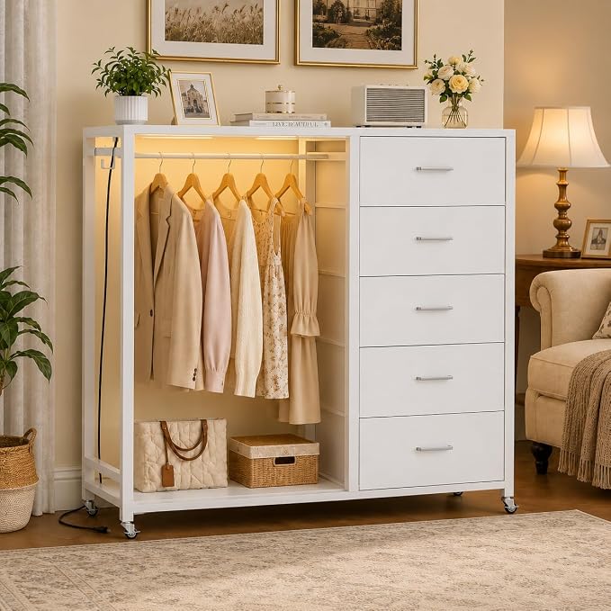 Cyclysio Storage Clothes Rack with 5 Drawers, Garment Rack with Charging Station & LED Lights, Fabric Chest Shelves Clothing Rack, Wooden Portable Wardrobe Closet