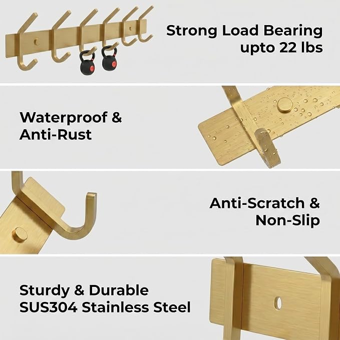 Brushed Gold Wall Mounted Coat Rack – 17 Inch Stainless Steel Rail with 6 Double Coat Hooks for Entryway, Bathroom, Bedroom, Kitchen – Modern Gold Hook Rack for Coats, Hats, Towels - 2 Pack