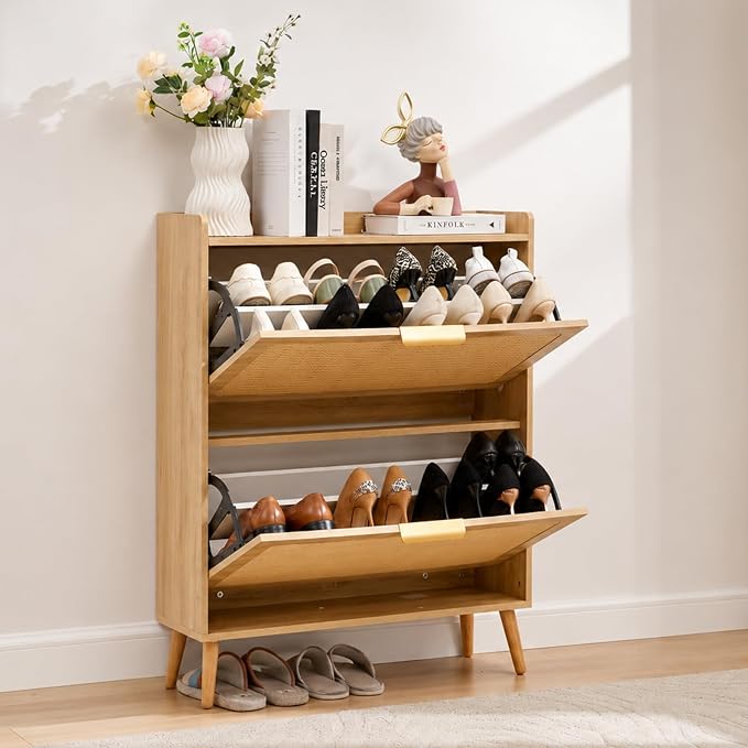 Shoe Cabinet, Rattan Shoe Storage Cabinet for Entryway with Flip Drawers | 2 Flip Drawers, Breathable Rattan, Odor Resistant, Hidden Shoe Organizer, Slim Space Saving, Narrow Cabinet, Entryway Storage