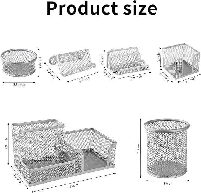 Desk Organizer for Office, 6 Pieces Mesh Desk Multi-functional Storage Set Office Supplies Accessories (Silver)