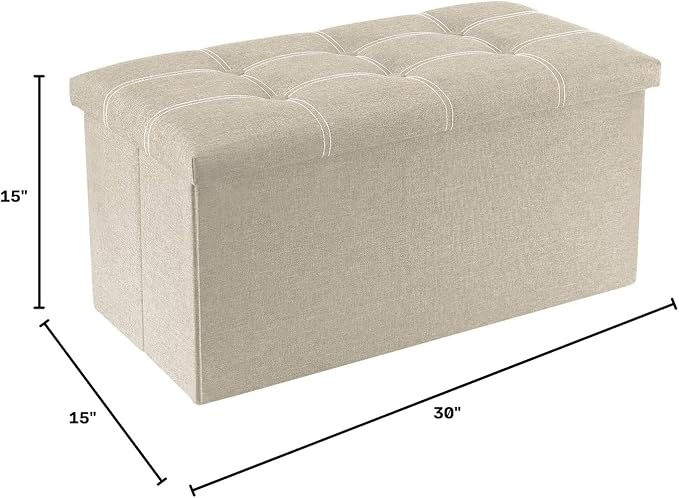 YOUDENOVA 30" Linen Ottoman with Storage, Folding Bench, Beige | Foldable linen ottoman with hidden storage, padded seat and sturdy frame for living room or bedroom.