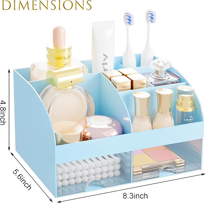 Makeup Organizer with 2 Drawers, Cosmetic Storage for Dresser Vanity and Bathroom Countertop,Make up organization and Skincare Storage with Beauty Brush Holder, Cosmetic Display Case (Blue)