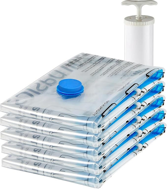 Amazon Basics Vacuum Storage Bags for Clothes, Compression Zipper with Hand Pump, Medium, White, Sky Blue, 5-Pack