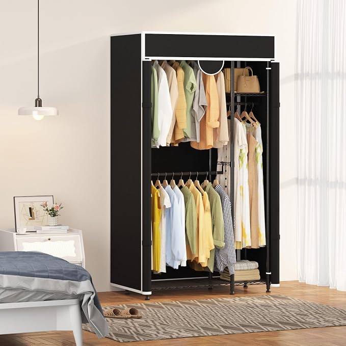 Heavy Duty Garment Rack 720lbs Load Closet Wardrobe with Cover Clothes Rack for Hanging Clothes with Adjustable 3 Shelves & 3 Hanging Rods 76.46" H X 43.31" L X 15.75" W Black