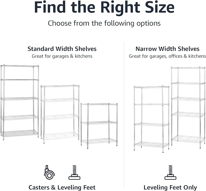 Amazon Basics 5-Shelf Adjustable Storage Shelving Unit for Garage, Steel Wire Rack, 200 Pound Loading Capacity per Shelf, 23.2" x 13.4" x 60", Chrome Finish