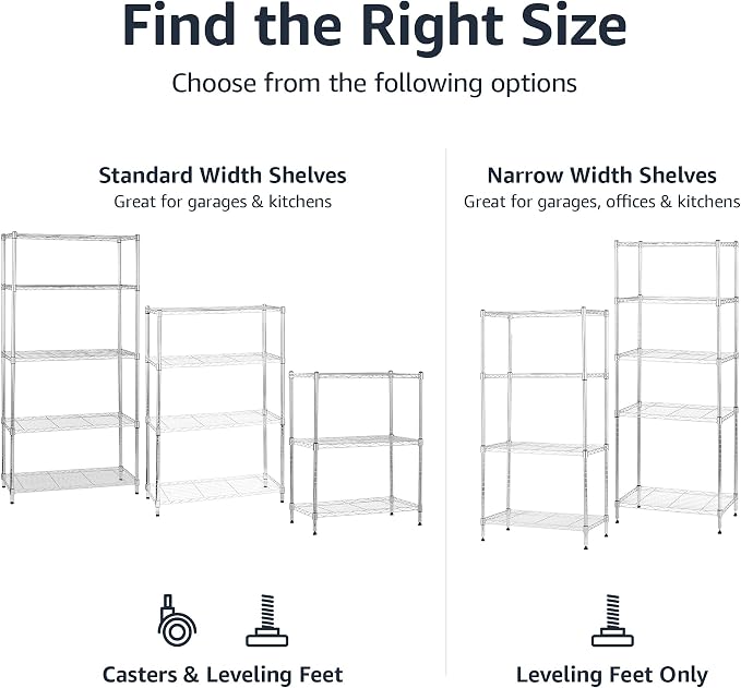 Amazon Basics 3-Shelf Heavy Duty Adjustable Wire Shelving Storage Rack on 2" PP Plastic Wheel Casters, Steel Utility Shelving Unit for Garage and Laundry Room, 23.2" x 13.4" x 32.75", Chrome