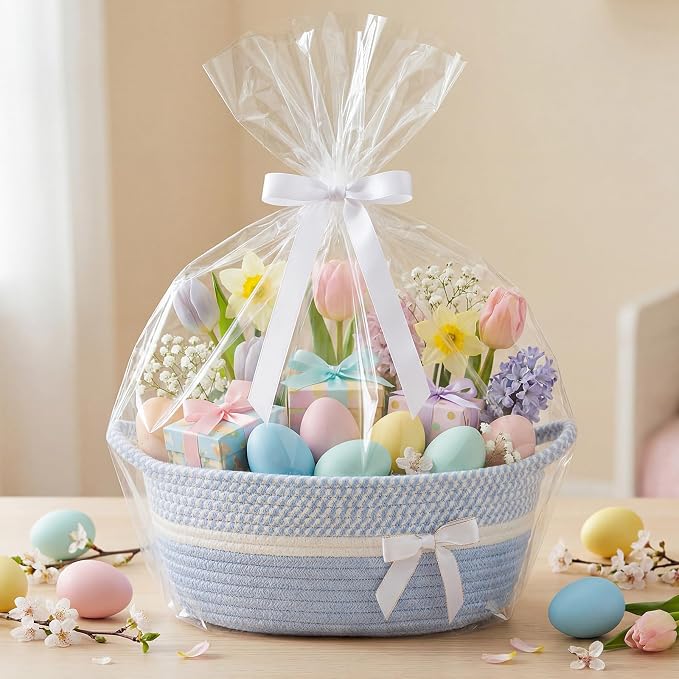 Colingmill 1 Set Woven Empty Basket for Gift,Blue White | with Cellophane Wrap Set, 14 x 10 x 5.5 Inch, Medium Decorative Gift Basket, Cotton Rope Storage Box, Home Decor