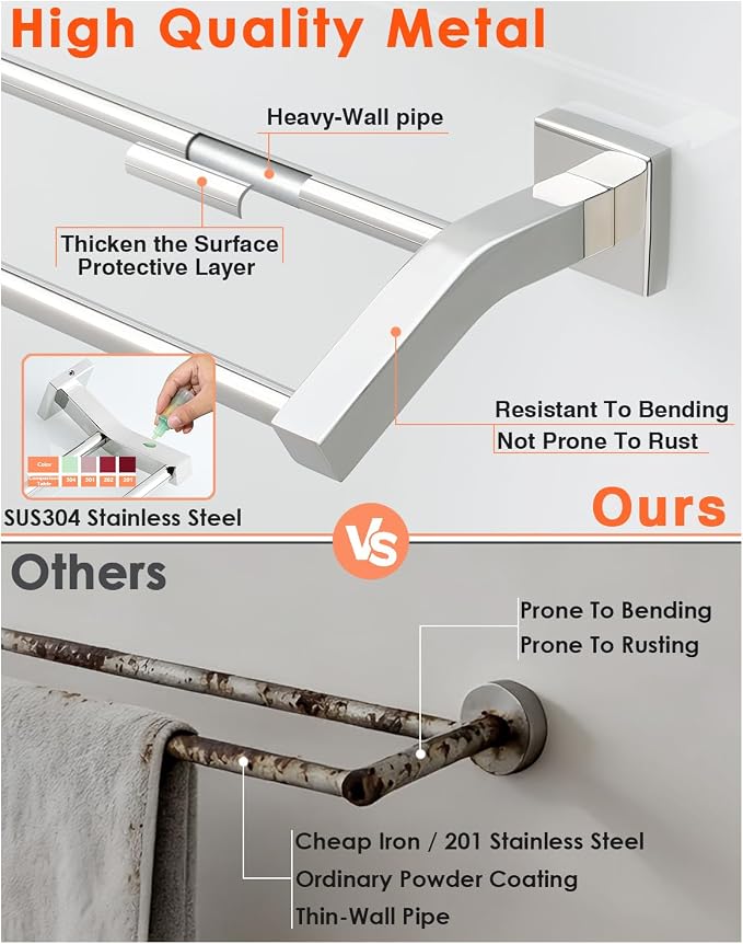 Alise Double Towel Bar, 16" Towel Racks for Bathroom, Polished Chrome | Quick Drying Bathroom Towel Holder, SUS304 Stainless Steel Towel Hanger Wall Mount