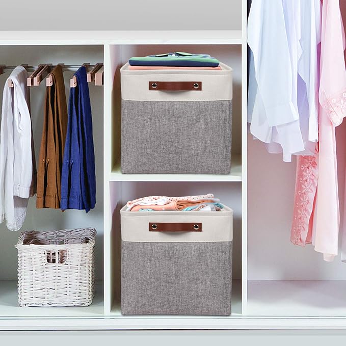 Univivi 10.5 Inch Fabric Cube Bins with Hard Bottom, 4 Pack Storage Baskets with PU Handles for Shelves Closet Foldable Storage Bins for Organizing (Gray,10.5" x 10.5" x 11") | Hard Cardboard Bottom,Metal Frame,PU Handles,Foldable,Linen Closet Baskets ...