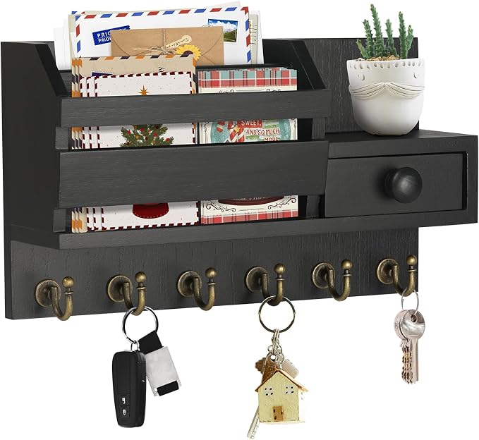 VIS'V Key Holder Wall Mount, Wooden Mail and Key Organizer, Black | Contains Little Drawer, Small Shelf, 2 Slots, 6 Hooks, for Entryway, Hallway, Doorway, Kitchen, Garage, Camper