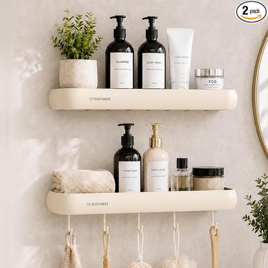 Shower Caddy Adhesive, No Drilling Rustproof Bath Organizer Shelf | Large Capacity,Includes Hooks&Hanging Bar, Aluminum Frame,2 Installation Ways,Wall-Mounted Bathroom Organizer Storage Shelves