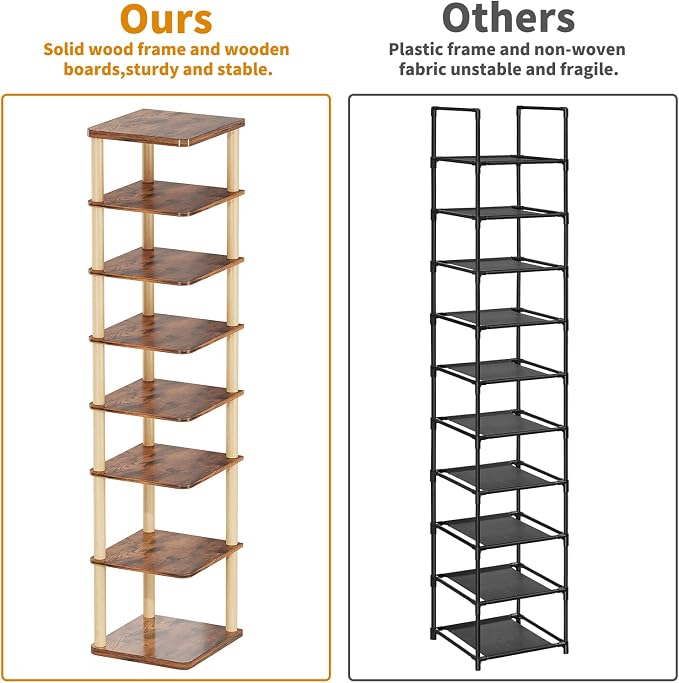 8 Tiers Vertical Shoe Rack, Tall Narrow Shoe Tower, Corner Shoe Rack, Brown | Small Shoe Organizer for Entryway, Closet, Dorm & Small Spaces, Freestanding Wooden Shoe Shelf for Boots, Sneakers, Heels.