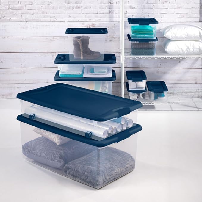 Sterilite Color Program, Large Clear Plastic Storage, 64 Quart, 6-Pack | Clear Bins with Blue Lids - Stackable Organizing Container Boxes for Closet, Bathroom, and Office