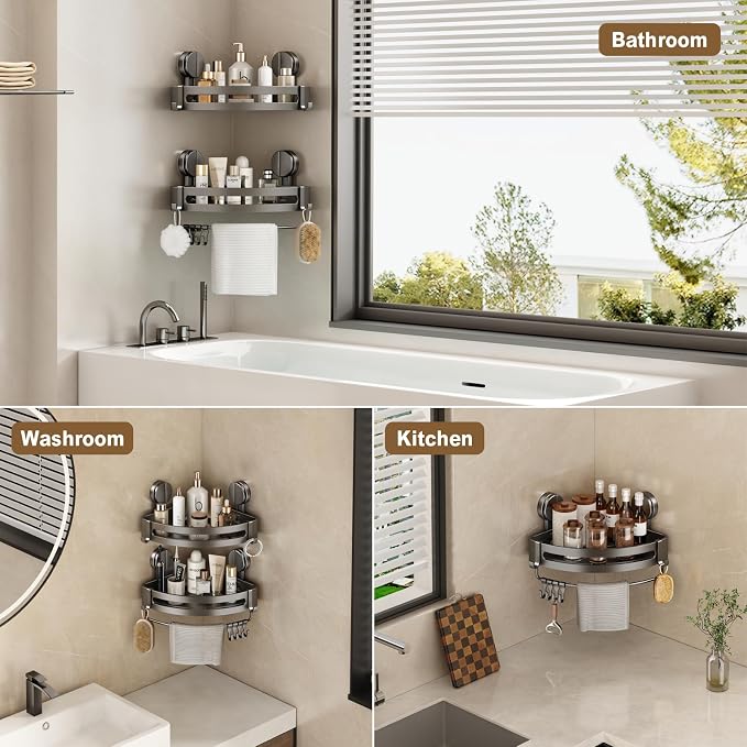 Corner Shower Caddy Suction Cup, 1 Pack Shower Shelves No Drilling, Showers Organizer Storage with Towel Bar & Removable Hooks, Bathroom Shower Shelf Rack for Inside Showers