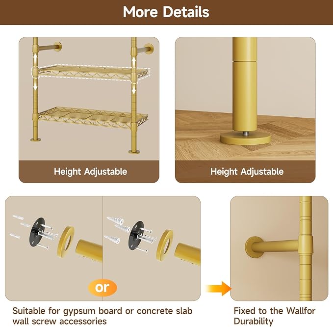 ONBRILL H4 Wall Mounted Closet System, Expandable Industrial Pipe Clothes Rack Clothing Rack for Hanging Clothes, Heavy Duty Closet Organizers and Storage in Wardrobe Closet - Gold