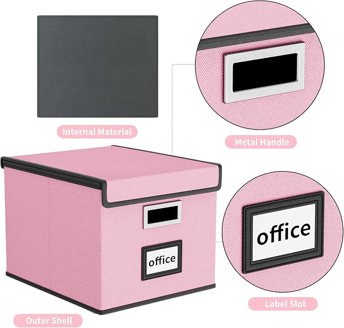 File Organizer Box with Lids, Collapsible File Folder Organizer | File Box with Plastic Slides for Office Document Storage, Filing Bin for Letter Size Hanging File Folders (1 Pack, Pink)