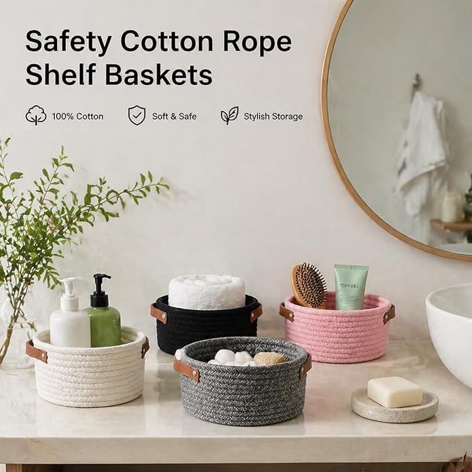 Small Woven Cotton Rope Basket with Leather Handle, Grey | Mini Round Storage Basket, Empty Gift Basket, Nursery Toy Organizer, Decorative Shelf Bin, Boho Room Decor