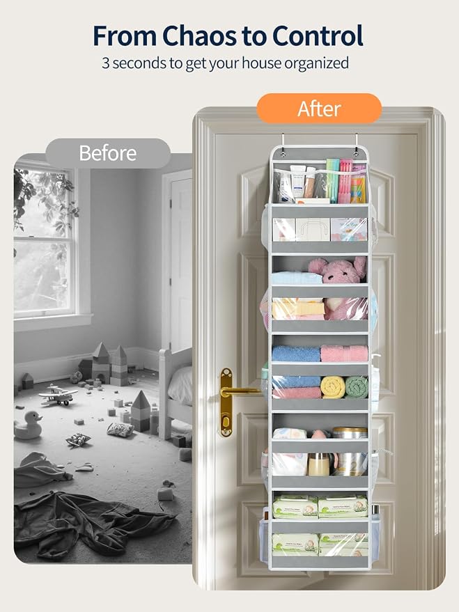 Yecaye 6 Tier Over the Door Organizer, Swing-proof Door Organizer Hanging with Clear PVC Windows, Behind the Door Storage for Bedroom Nursery Closet Laundry Pantry Bathroom, Warm Grey