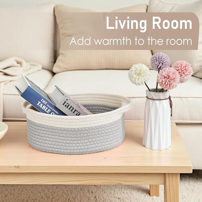 JMvicyroam Small Woven Basket, Empty Gift Basket, White&Grey/1 Pack | Small Gift Basket, Cotton Rope, 12 x 8 x 66 in, Handles, Includes Ribbon and Bag, Birthday Gift Basket