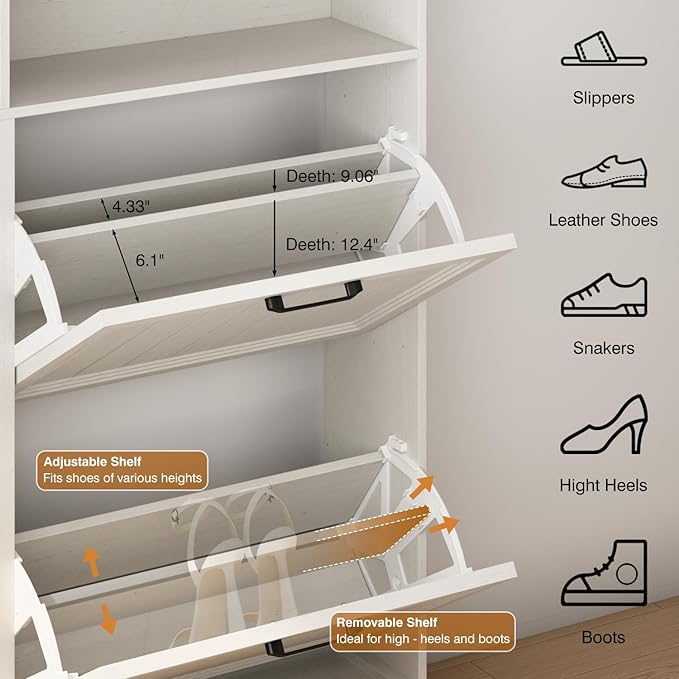 Hidden Shoe Storage Cabinet with 4 Flip Drawers & Open Storage | Farmhouse Modern Shoes Rack Cabinet,Adjustable Shelves ,Narrow Slim Shoe Organizer for Entryway,Foyer,Hallway,Antique White