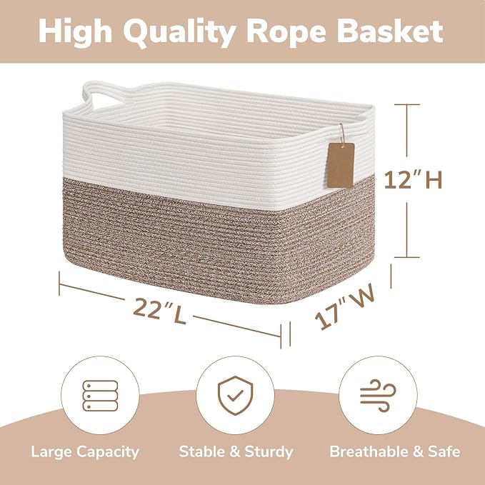 Goodpick Extra Large Rectangle Cotton Rope Storage Basket, Brown | 75L, 22 × 17 × 12 in, Reinforced Handles, Blankets, Pillows & Clothes Storage, Living Room, Bedroom & Nursery Organization