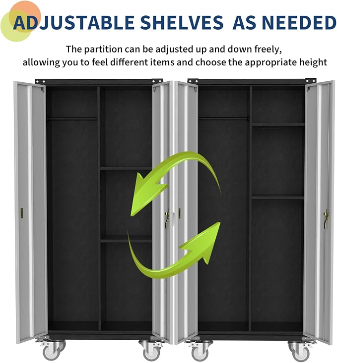 GarveeHome Metal Locker Storage Cabinet with Wheels 71" H with Doors and 2 Shelves Adjustable 4 Adjustable Feet for Home, Garage, Office, Shop