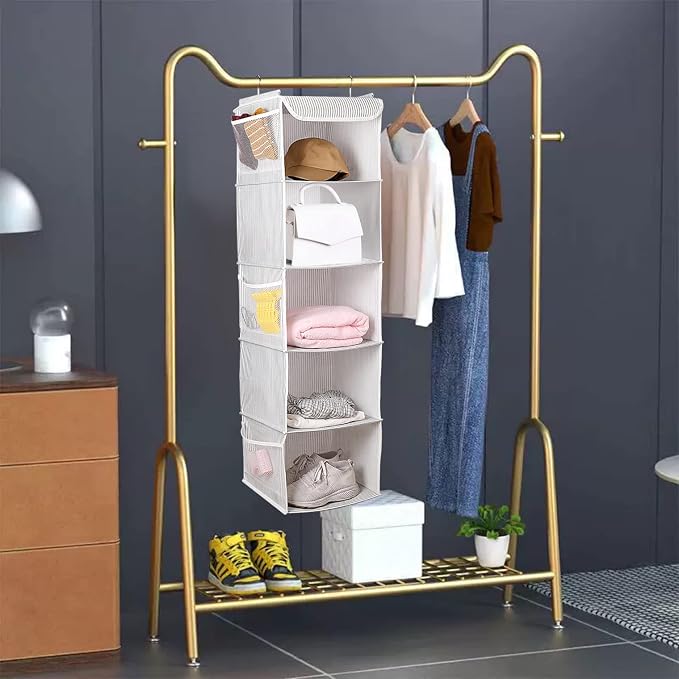 BrilliantJo 5 Shelves Hanging Closet Organizer, 2 Pack Hanging Storage with 6 Side Pockets for Clothes Shoes, 43"x12"x12"(Strip)