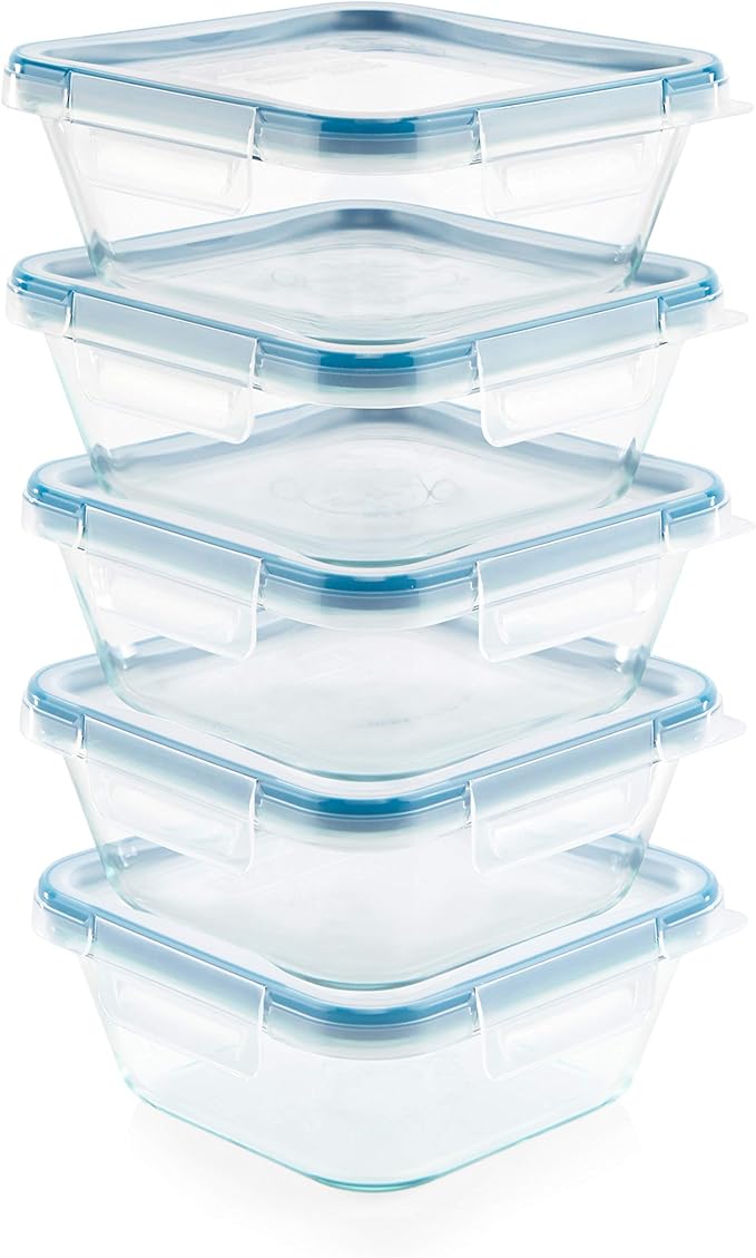 Snapware Glass Total Solutions (5-Pack, 4 Cup) Food Storage Containers Set, Airtight & Leakproof Plastic Locking BPA-Free Lids, Freezer Dishwasher Microwave Safe
