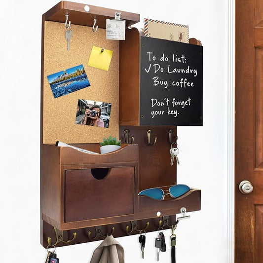 Key Holder Wall Mount， Mail Organizer Key Holder for Wall with Shelf, Drawer, Chalkboard, Corkboard, Home Decor Wall Mounted for Room Entryway(Vintage Brown)