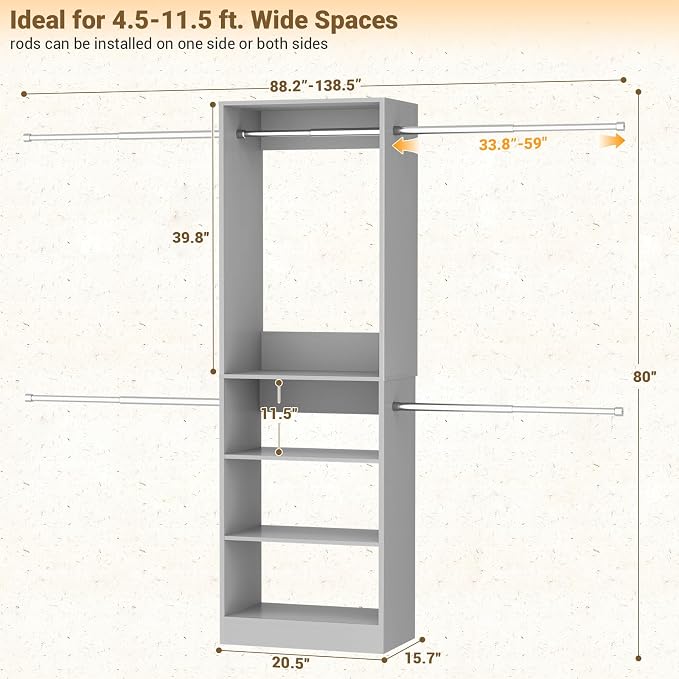 Closet System, 4.5-11.5 Ft Expandable Closet Organizer, Gray | 5 Hanging Rods, Walk-in Wood Closet Organizer System with Storage Tower, Heavy Duty Garment Rack Wardrobe for Bedroom