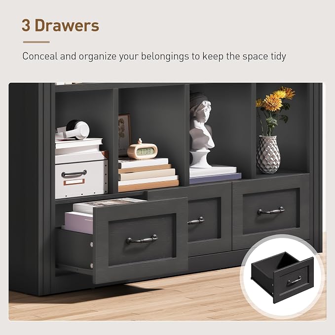 10 Cube Storage Organizer, Wooden Cubby Bookshelf, Cube Shelf Bookcase with 3 Drawers, Farmhouse Short Bookcase, 3 Tiers Floorstanding Open Bookshelf, Display Storage Shelves, Black