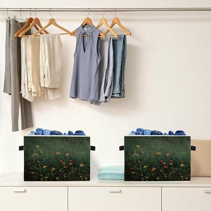 Dark Green Wildflower Storage Box Bins, Dark Cottagecore Floral Botanical Collapsible Storage Basket Organizer for Bedroom Laundry Room Home Clothes Books, Decor for Room