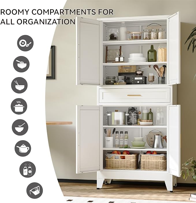 COFaR 71" Tall Pantry Cabinet with Drawer, White Storage Cabinet with Adjustable Shelves, 3-Section Freestanding Cupboard for Kitchen Organization
