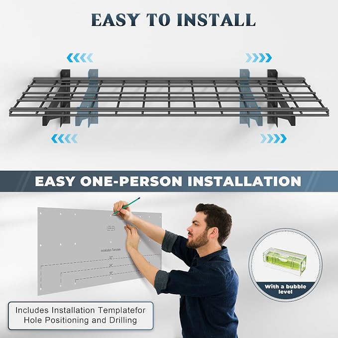 Jusgym 2 Pack Wall Mounted Garage Shelving, 1x4ft, 700lbs Integrated Grid | Wall Mounted Floating Design, 12"x96" Storage Rack, No Splice Seamless Structure, Rustproof Black Coating for Garage Workshop