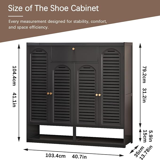Shoe Cabinet with Louvered Doors, Freestanding Entryway Shoe Storage Cabinet with Drawer & Open Compartment, Modern Bamboo Shoe Rack Organizer with Thickened Adjustable Shelves for Closet