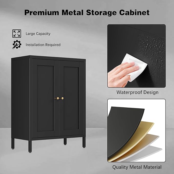 Bevivog Small Bathroom Storage Cabinet, Black Metal Locker Cabinet with 2 Doors and 2 Adjustable Shelves, Metal Floor Cabinets Sideboard for Home Office, Living Room, Hallway, Entryway