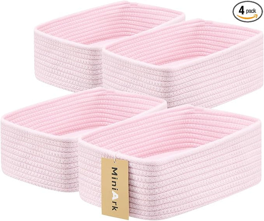 MiniArk Small Storage Baskets for Organizing | Closet Organizer Bins | Shelf Toy Basket | Woven Rope Baskets | Cube Decorative Box | Shallow Basket | 11.5x7.5x4.7” | 4 Packs Light Pink