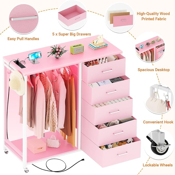Cyclysio Storage Clothes Rack with 5 Drawers, Garment Rack with Charging Station & LED Lights, Fabric Chest Shelves Clothing Rack, Wooden Portable Wardrobe Closet